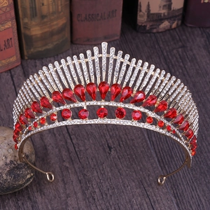 Peacock tail style bridal crown with gold alloy base and sparkling red rhinestones