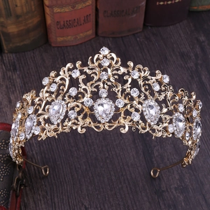 Elegant gold bridal crown with crystal leaf motifs and teardrop rhinestones