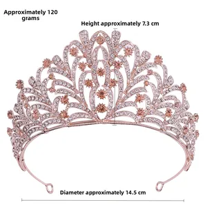Detailed view of champagne rhinestone bridal tiara measuring 7.3cm height and 14.5cm diameter