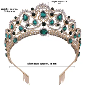 Detail view of gold bridal tiara with green crystals, including 15cm diameter dimensions