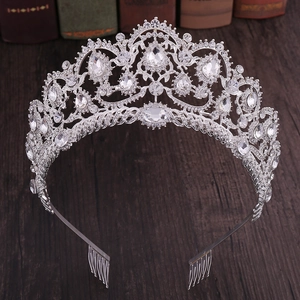 Elegant bridal tiara with silver crystal rhinestones and integrated hair side combs