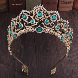 Vintage Baroque green crystal crown with golden alloy frame and sparkling rhinestones