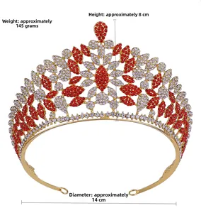 Detailed dimensions of luxury rhinestone crown with weight 145g, height 8cm and diameter 14cm