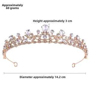Detail view of rose gold leaf bridal crown with rhinestones and product dimensions