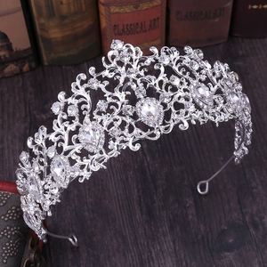 Elegant bridal tiara crown with silver rhinestones and pear-shaped crystals