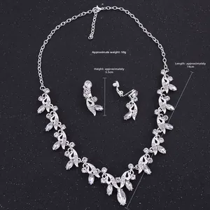 Detailed size view of silver crystal bridal necklace and earrings set with measurements