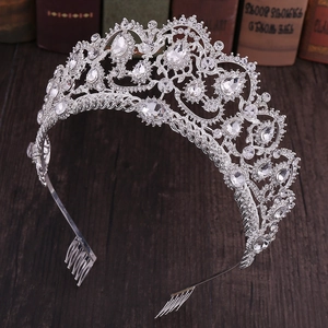 Detail of luxury bridal tiara with sparkling crystal rhinestones and side hair combs