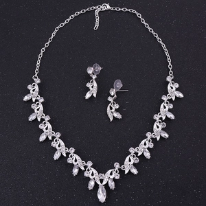 Elegant bridal silver alloy jewelry set with V-shaped crystal necklace and stud earrings