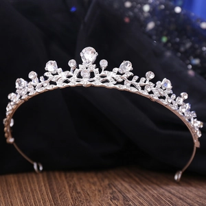 Silver bridal tiara with sparkling crystal leaves and a large pear-shaped center stone