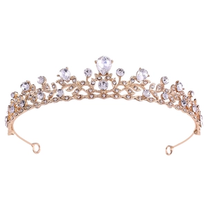 Elegant gold bridal tiara with pear-cut rhinestones and vine leaf design on white background