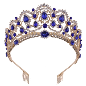 European vintage bridal crown with blue crystals and rhinestones on gold alloy base