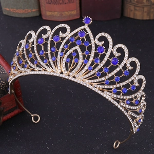 Baroque gold bridal crown with luxury blue gemstones and crystals for weddings