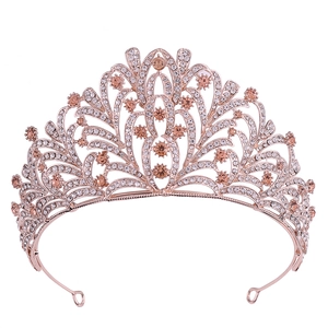 Close-up of rose gold leaf tiara with sparkling champagne rhinestones and alloy hollow details