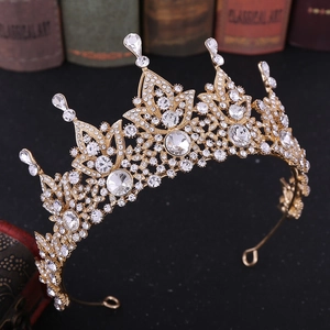 Vintage baroque golden bridal crown with sparkling crystals and drop-shaped rhinestones