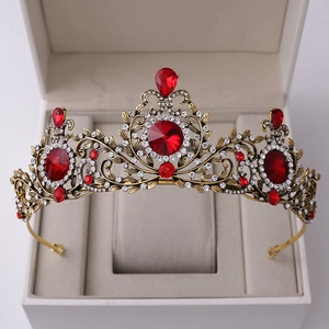 Baroque retro gold leaf crown with red rubies and white crystals for bridal hair styling
