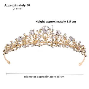 Detail view of rhinestone bridal crown showing 3.5cm height and 15cm diameter dimensions