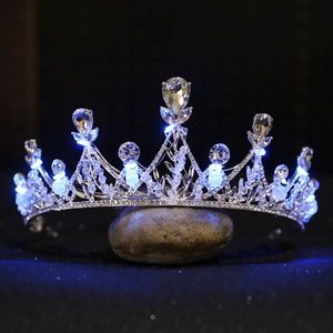 Sparkling LED bridal crown with blue crystal droplets and silver alloy rhinestone band