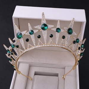 Exquisite gold bridal crown with green crystals and sparkling rhinestones for wedding