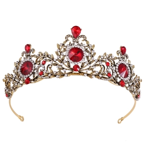 Baroque Vintage Leaf Bridal Crown Antique Gold Red Rhinestone Tiara For Wedding Banquet Party Women Hair Accessories
