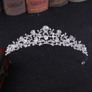Elegant silver alloy bridal tiara with sparkling teardrop rhinestones and floral details