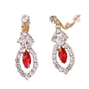 Luxurious gold-plated clip-on earrings with red marquise gem and clear zircon stones
