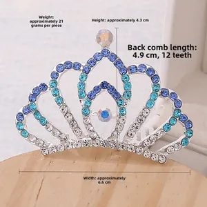Detailed view of rhinestone tiara hair comb featuring blue crystals and silver 12-tooth comb