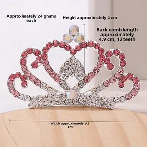 Detail view of crystal tiara hair comb with 12 teeth and pink rhinestone heart design