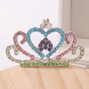 Charming silver hair comb crown with colorful crystals and heart-shaped rhinestones