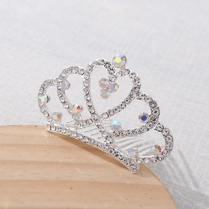 Elegante pettine per capelli bimbi a corona con cuori argento e strass colorati per feste
