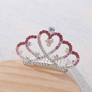 Pettine per capelli a corona d'argento per bambini con strass rosa e cuori