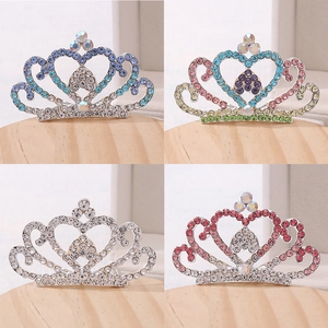 Elegant kids heart crystal rhinestone crown hair combs in four vibrant assorted colors
