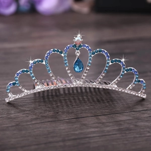 Elegante pettine a tiara in argento con strass blu a forma di cuore per matrimonio e stile principessa