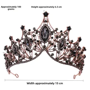 Baroque black crystal bridal crown details with dimensions of 15cm width and 6.5cm height