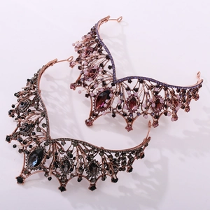 Baroque black gothic tiara with bat wings and vintage rhinestones for wedding wear