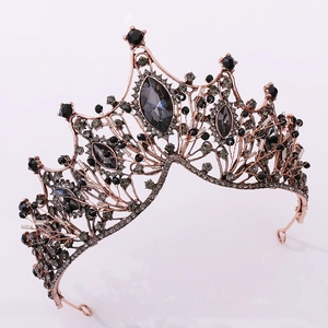 Vintage baroque black crystal crown with rose gold metal base for bridal hair jewelry