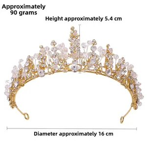 Detailed size view of the gold bridal crown with crystals showing 16cm diameter and 5.4cm height
