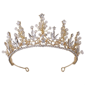 Goldenes Braut-Tiara mit Kristallperlen und Blattmuster für Hochzeitsfrisuren
