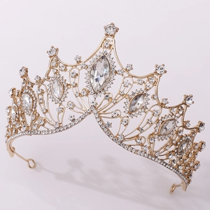 Classic gold baroque bridal crown with sparkling crystals and rhinestones for weddings