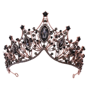 Detail of baroque black rhinestones and rose gold metal on the vintage bridal crown