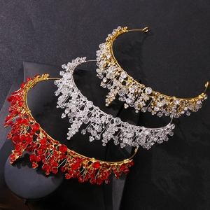 Exquisite handmade bridal crowns with red crystals and pearls in gold and silver finish
