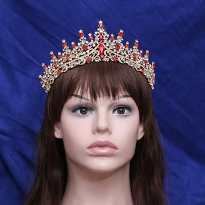 Couronne de mariée luxueuse en alliage doré avec strass rouges en poire et diamants clairs