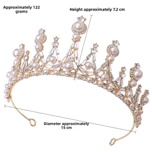 Golden bridal crown dimensions: 15cm diameter and 7.2cm height with pearl details