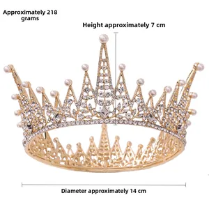Detailed specs of luxury gold bridal tiara with pearls, 7cm height and 14cm diameter