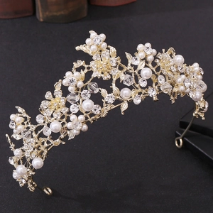 Luxury Alloy Rhinestone Artificial Pearl Bridal Tiara Crown Vintage Flower Leaf Wedding Hair Accessory For Women Party Jewelry