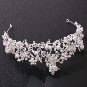 Elegant floral bridal crown with silver alloy, white pearls and sparkling rhinestones