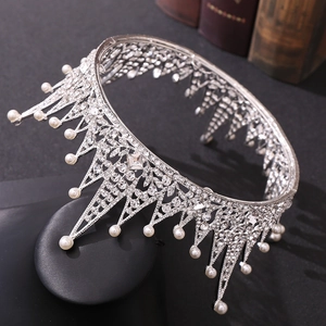Elegant European style silver bridal crown with sparkling crystals and white pearls