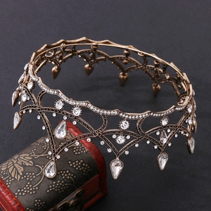 Baroque black luxury crystal bridal crown with vintage bronze finish and water drop pendants