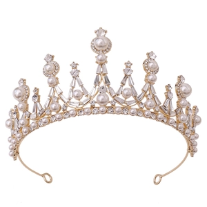 Baroque gold bridal crown with white pearls and sparkling rhinestones for wedding gowns