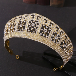 Baroque bridal crown with gold metal finish and sparkling white rhinestones for wedding