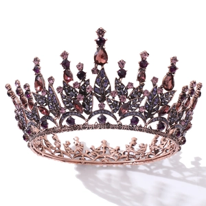 Baroque vintage leaf crown with purple crystals and rhinestones in bronze metal